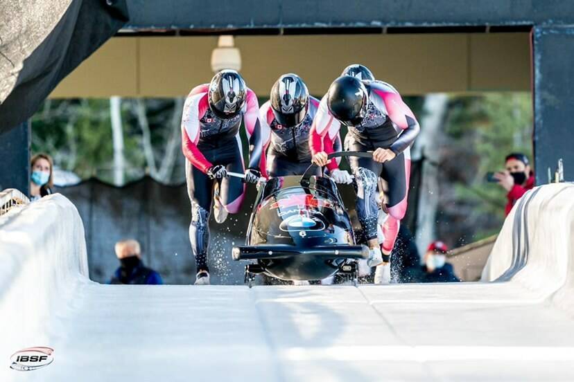 Former UNLV running back Shaquille Murray-Lawrence and his Canadian bobsled teammates head down ...