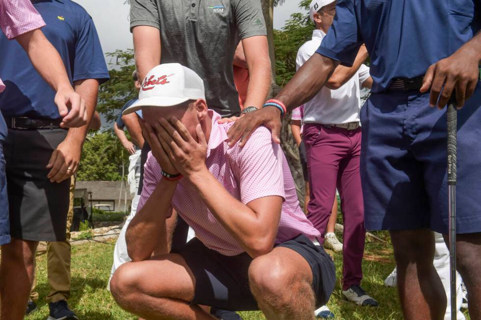 In this photo provided by the Latin America Amateur Championship, Aaron Jarvis reacts from behi ...