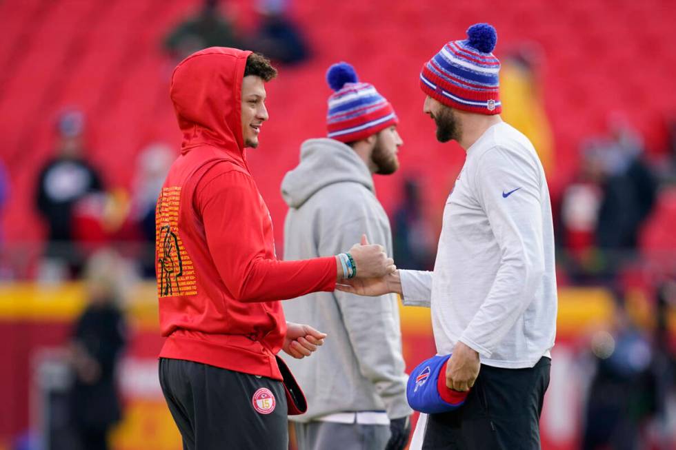 Kansas City Chiefs quarterback Patrick Mahomes, left, greets Buffalo Bills quarterback Josh All ...