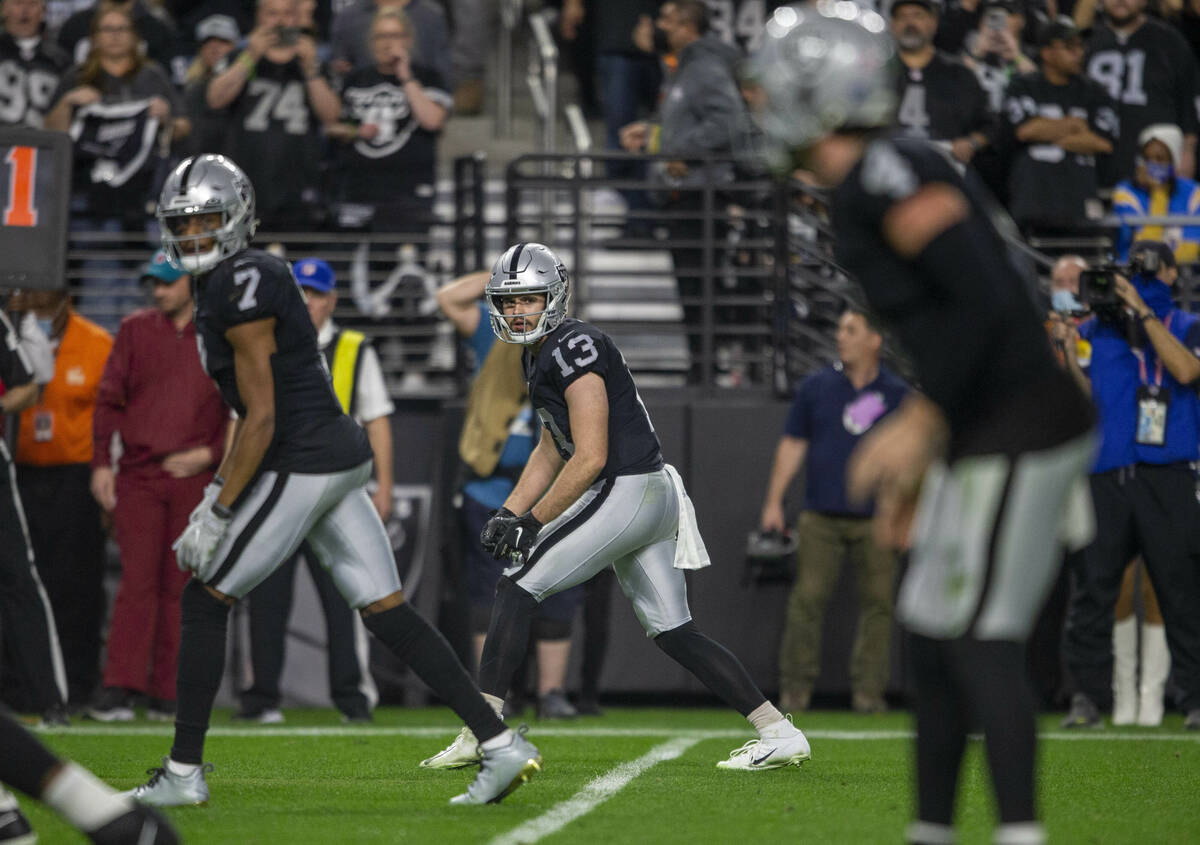 Raiders wide receiver Zay Jones (7) and Raiders wide receiver Hunter Renfrow (13) line up at wi ...