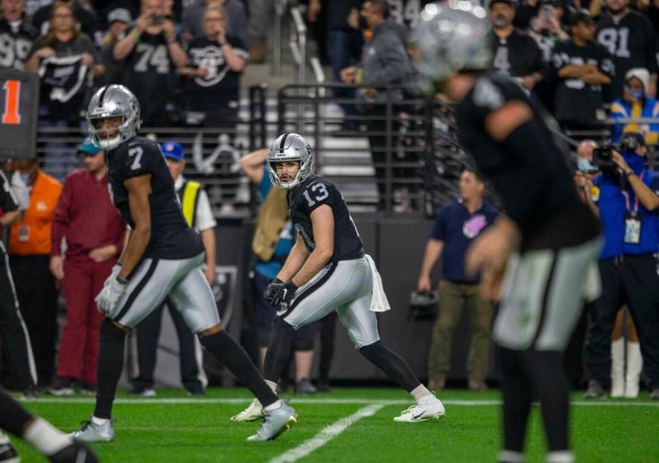 Raiders wide receiver Zay Jones (7) and Raiders wide receiver Hunter Renfrow (13) line up at wi ...