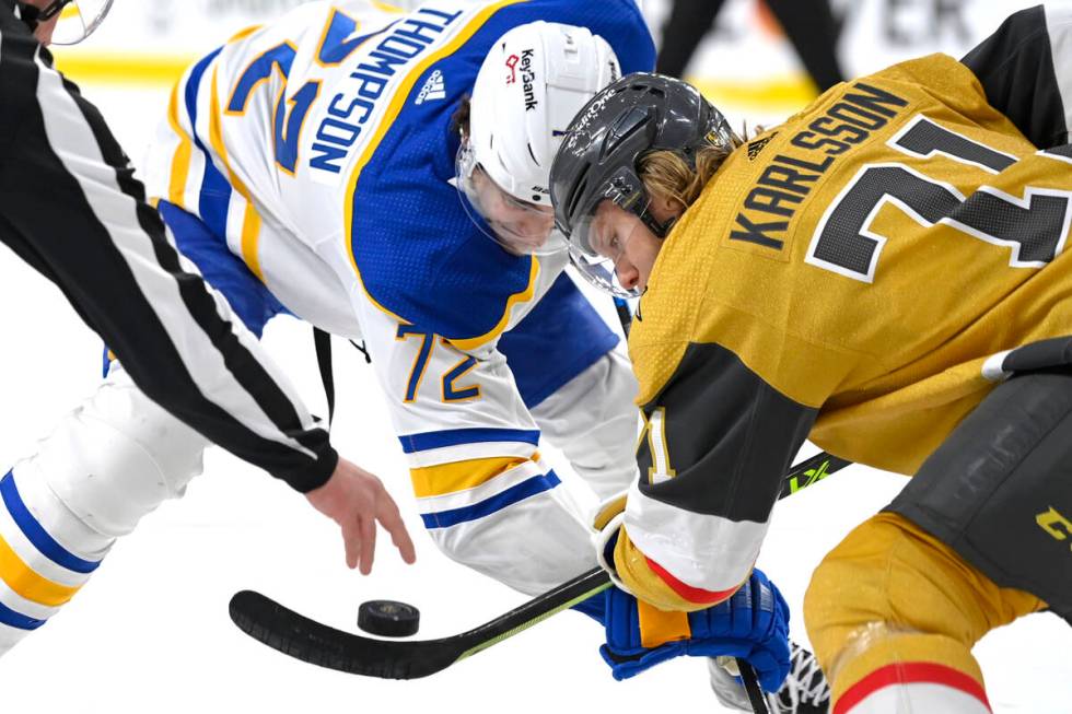 Buffalo Sabres right wing Tage Thompson (72) and Vegas Golden Knights center William Karlsson ( ...