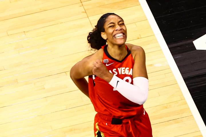 Las Vegas Aces forward A'ja Wilson (22) reacts after scoring against the Dallas Wings during th ...
