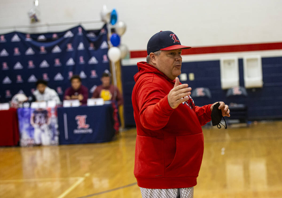 Liberty football head coach Rich Muraco speaks during a signing day ceremony at Liberty High Sc ...