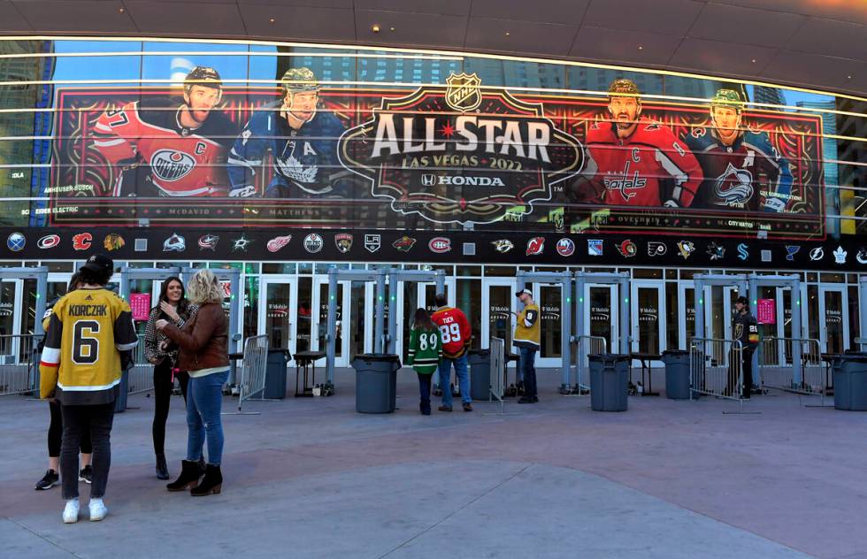 Fans line up before an NHL hockey game between the Vegas Golden Knights and the Buffalo Sabres ...