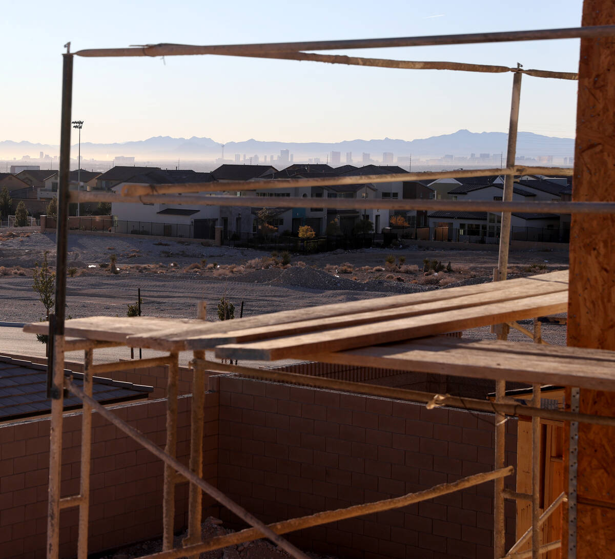 A view of the Las Vegas Valley from a neighborhood under construction in Skye Canyon master-pla ...