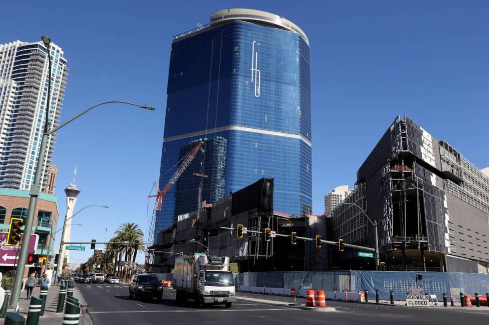 A crane works at the under construction Fontainebleau Las Vegas on the north Strip Friday, Feb. ...