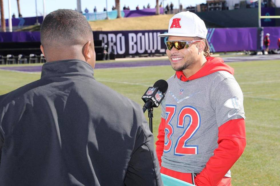 AFC cornerback Tyrann Mathieu of the Kansas City Chiefs speaks with the media before Pro Bowl N ...