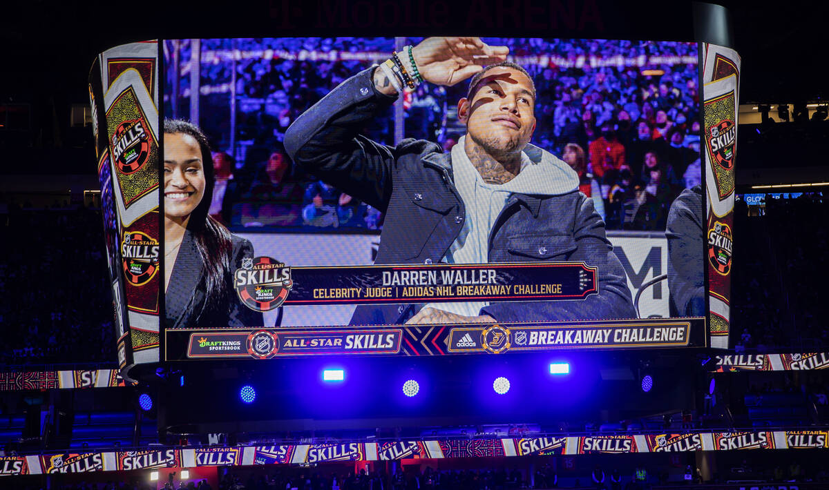 Raiders tight end Darren Waller is introduced as a guest judge during the NHL All-Star skills c ...
