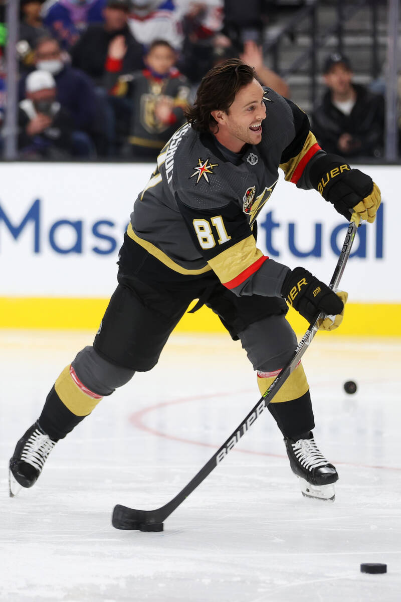 Vegas Golden Knights forward Jonathan Marchessault (81) competes in the Accuracy Shooting compe ...