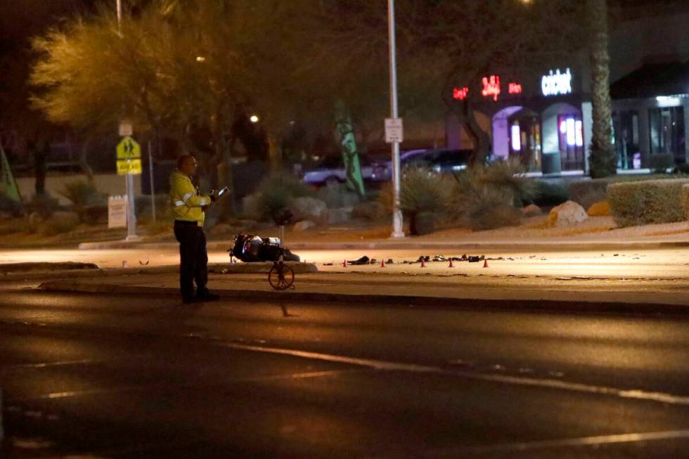 Las Vegas police investigate a fatal crash near the intersection of South Rainbow Boulevard and ...