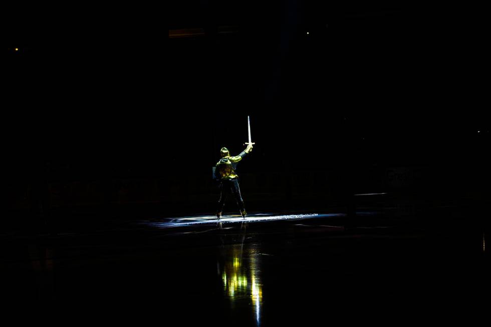 The Golden Knight fires up the crowd before the start of the NHL All-Star Game on Saturday, Feb ...