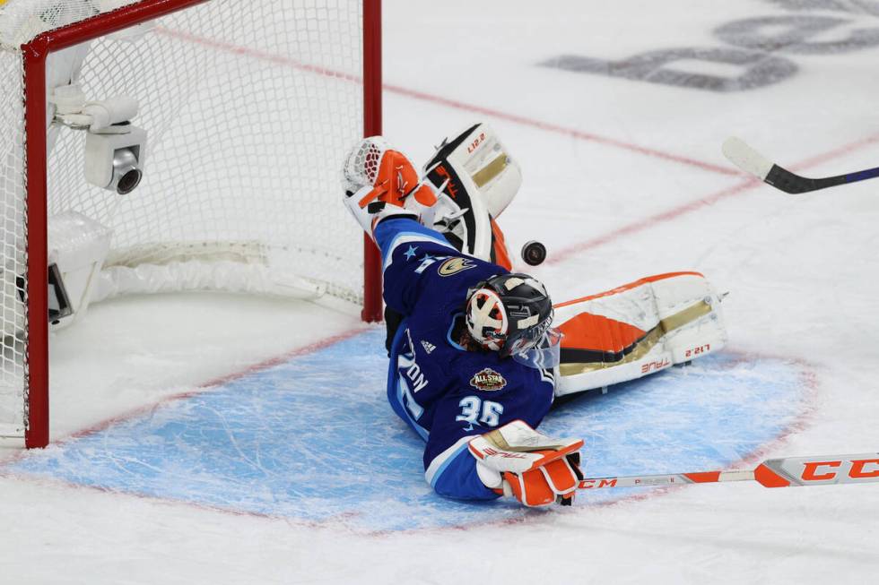 Anaheim Ducks goaltender John Gibson (36) defends a shot at the goal during the NHL All-Star Ga ...
