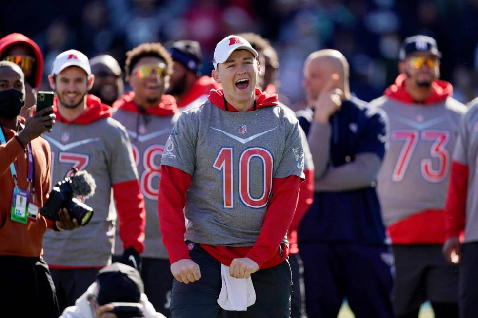 AFC quarterback Mac Jones of the New England Patriots (10) reacts during Pro Bowl NFL football ...