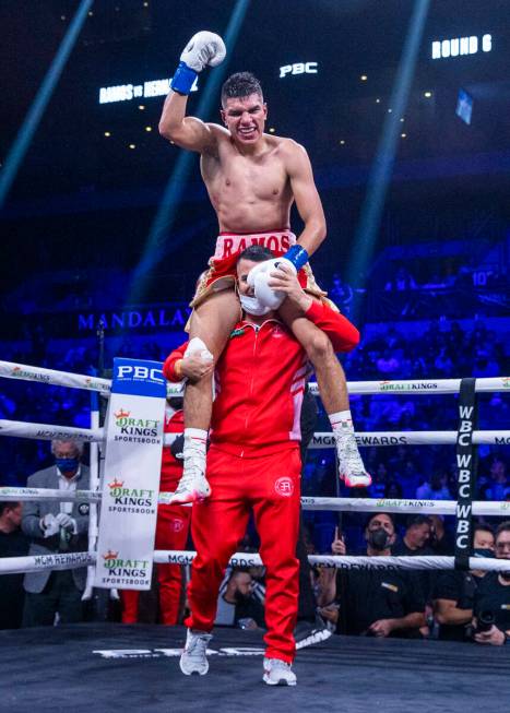 Jesús Ramos celebrates a TKO to Vladimir Hernandez during the sixth round of their super w ...