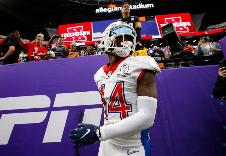 AFC wide receiver Stefon Diggs of the Buffalo Bills (14) celebrates his touchdown during the se ...