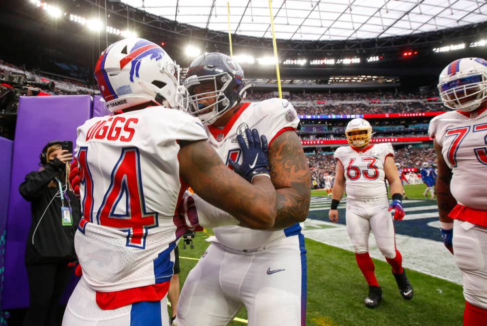 AFC wide receiver Stefon Diggs of the Buffalo Bills (14) celebrates his touchdown with AFC guar ...