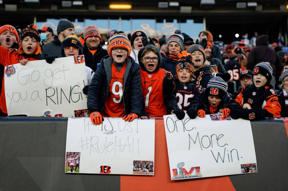 Fans attend the Super Bowl LVI Opening Night Fan Rally, Monday, Feb. 7, 2022, in Cincinnati. (A ...