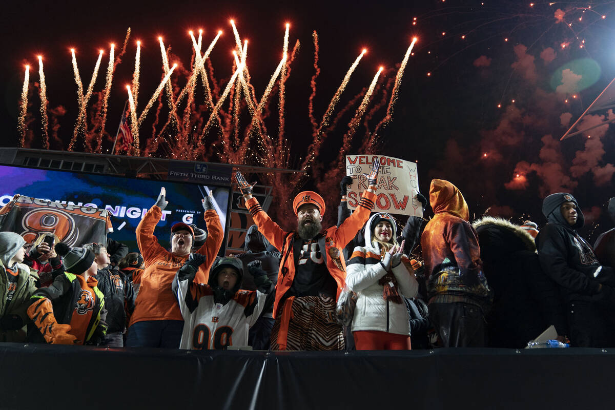 Fans attend the Super Bowl LVI Opening Night Fan Rally, Monday, Feb. 7, 2022, in Cincinnati. (A ...