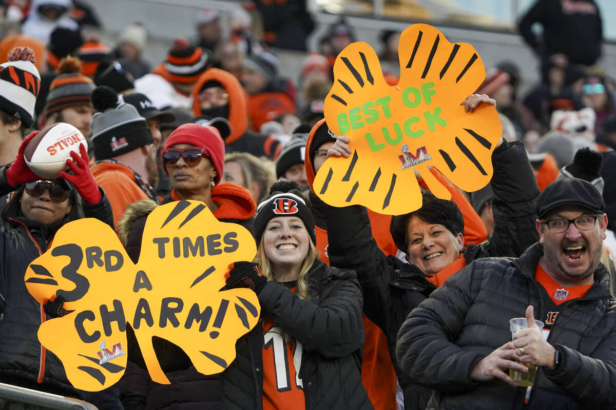 Fans attend the Super Bowl LVI Opening Night Fan Rally, Monday, Feb. 7, 2022, in Cincinnati. (A ...