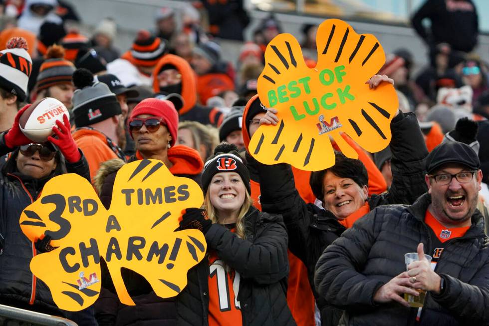 Fans attend the Super Bowl LVI Opening Night Fan Rally, Monday, Feb. 7, 2022, in Cincinnati. (A ...