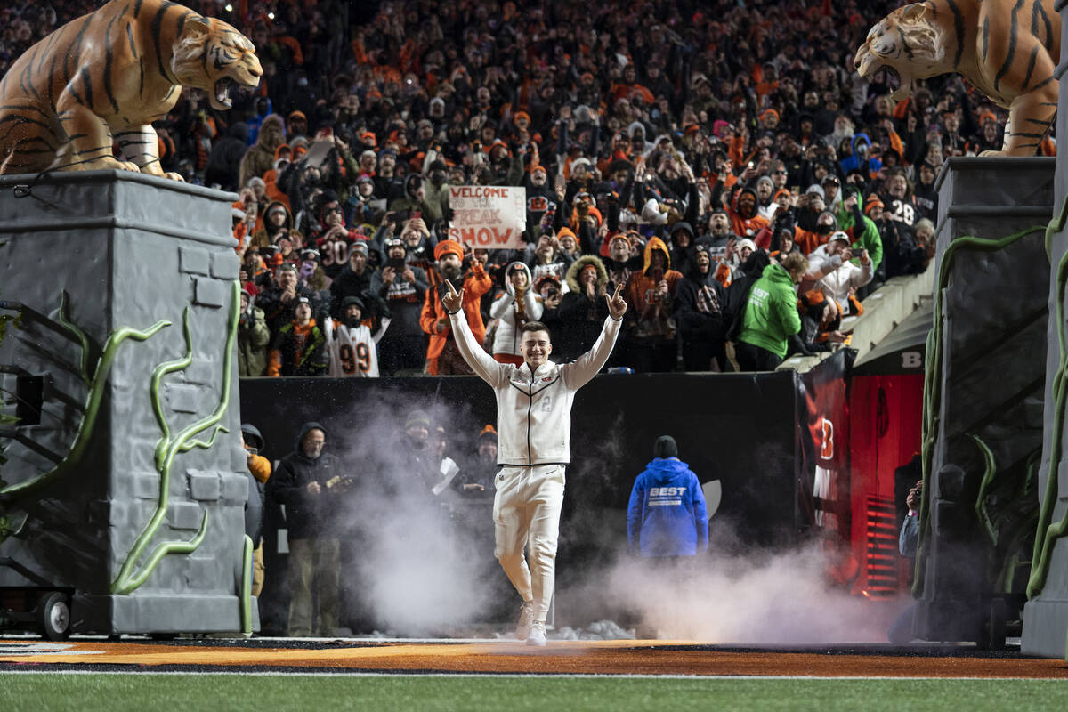 Cincinnati Bengals kicker Evan McPherson enters the field during the Super Bowl LVI Opening Nig ...