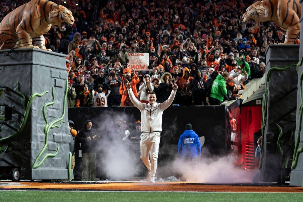 Cincinnati Bengals kicker Evan McPherson enters the field during the Super Bowl LVI Opening Nig ...