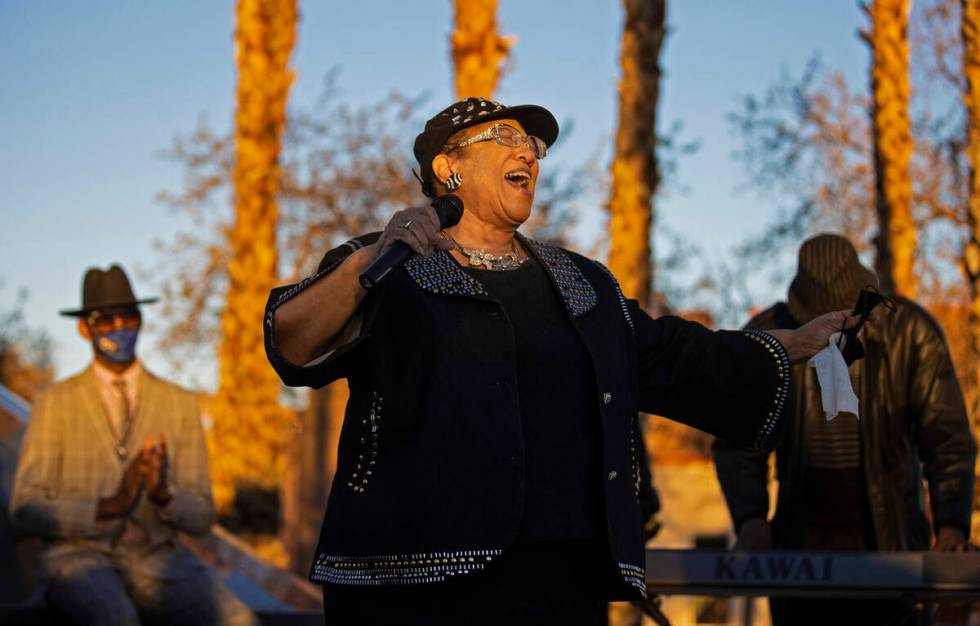 Dr. Jacqueline Parson-Barker sings during an event honoring the victims of the North Las Vegas ...