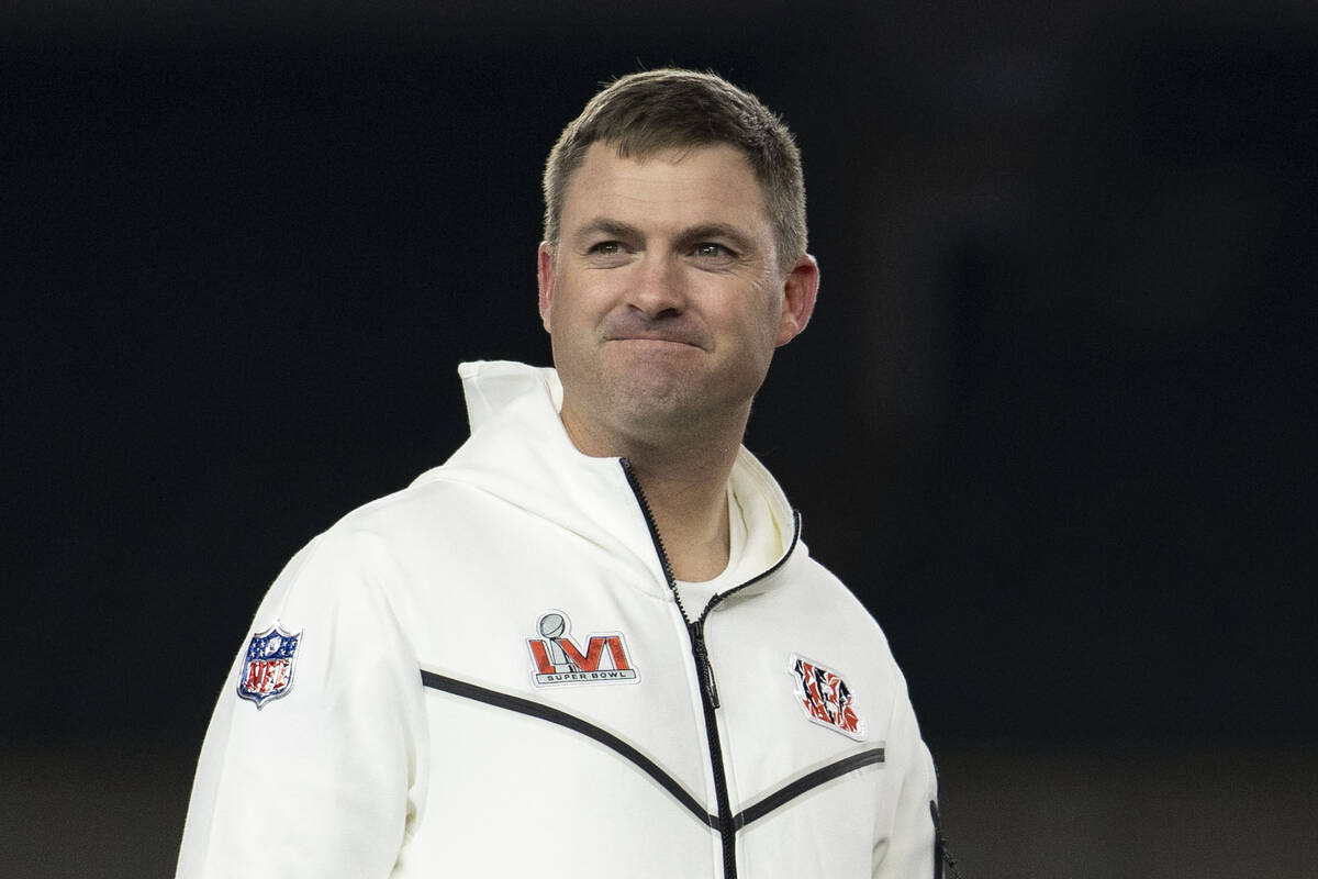 Cincinnati Bengals head coach Zac Taylor stands on stage during the Super Bowl LVI Opening Nigh ...