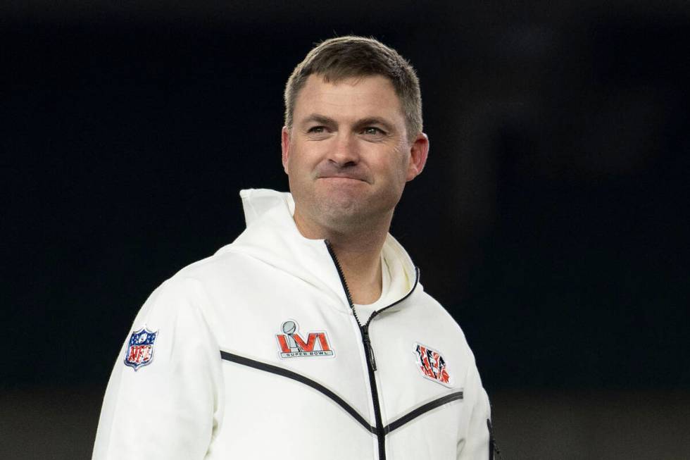 Cincinnati Bengals head coach Zac Taylor stands on stage during the Super Bowl LVI Opening Nigh ...