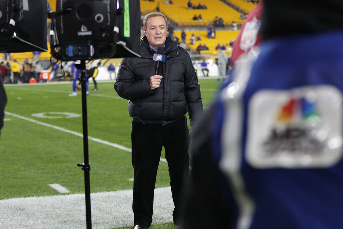 NBC Sports Reporter Al Michaels reports from the sidelines during warm ups before an NFL footba ...