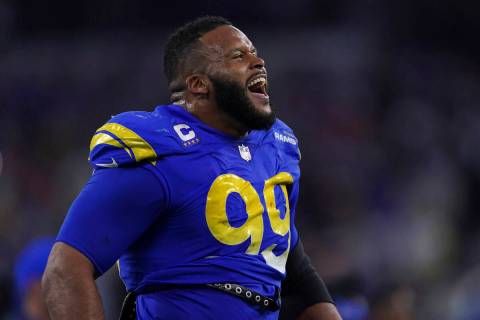 Los Angeles Rams defensive lineman Aaron Donald (99) celebrates his team's victory over the San ...