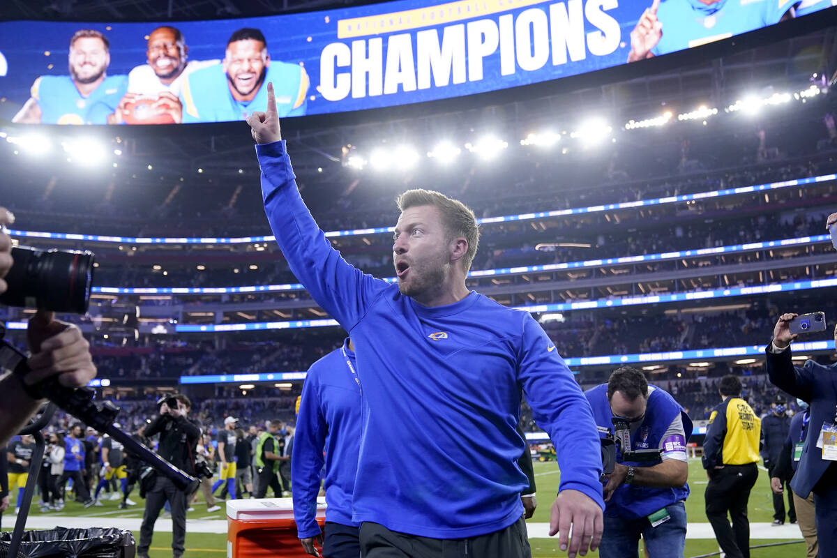 Los Angeles Rams head coach Sean McVay celebrates after the NFC Championship NFL football game ...