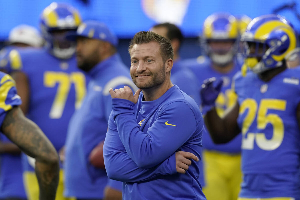 Los Angeles Rams head coach Sean McVay watches warm ups before the NFC Championship NFL footbal ...