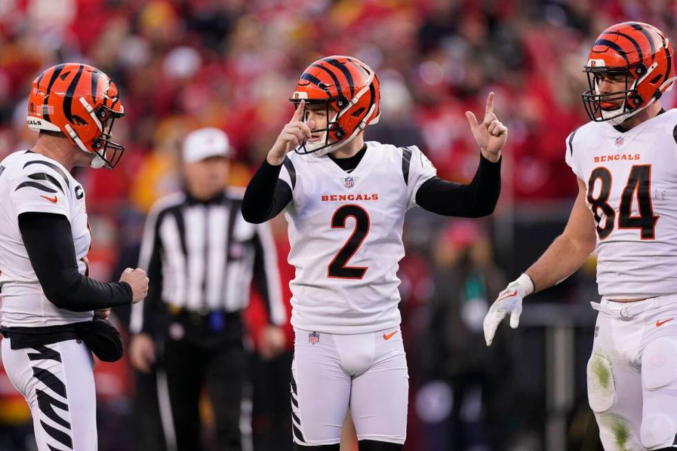 Cincinnati Bengals kicker Evan McPherson (2) celebrates after kicking a 52-yard field goal duri ...