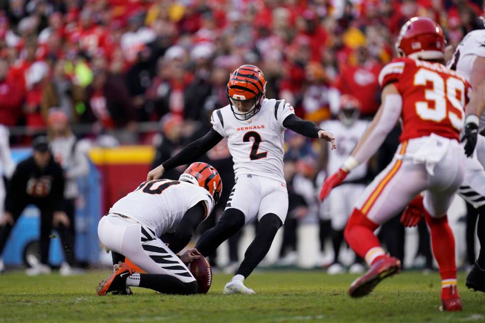 Cincinnati Bengals kicker Evan McPherson (2) kicks a field goal against the Kansas City Chiefs ...