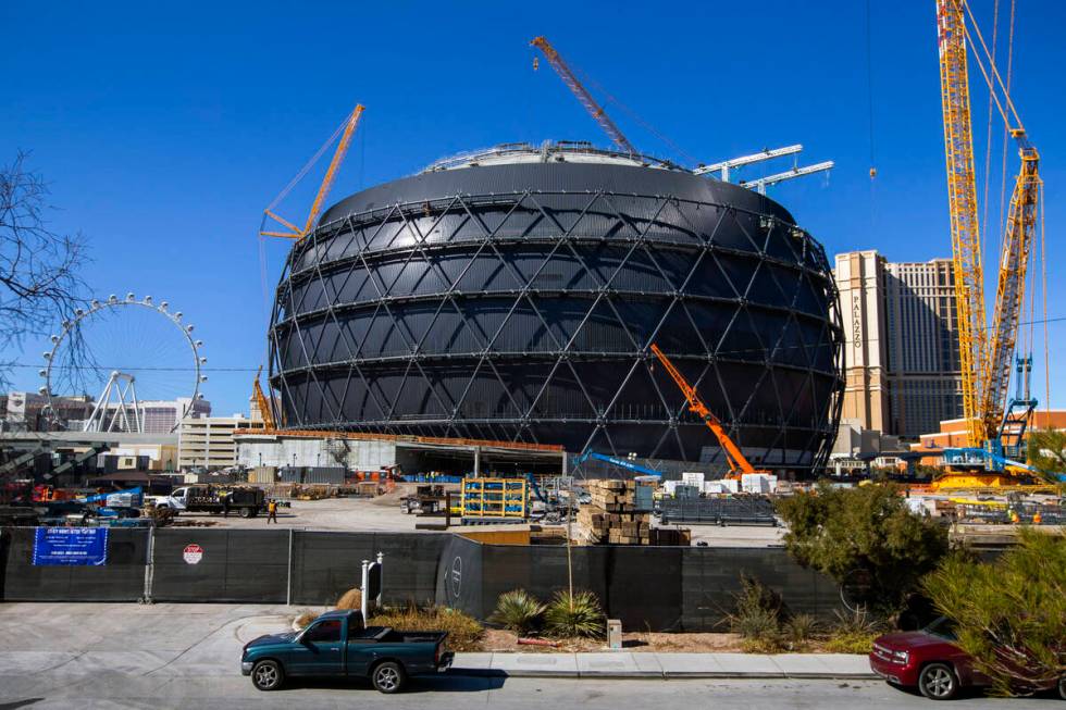 Construction crews continue work at the MSG Sphere at The Venetian near South Manhattan Street ...