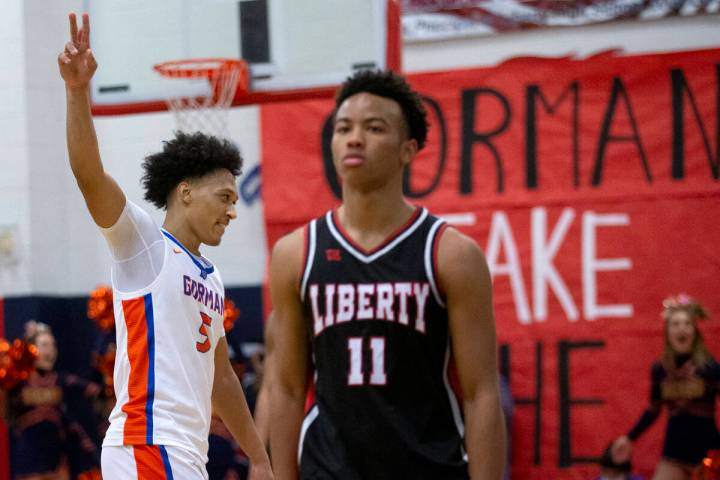 Bishop Gorman’s Darrion Williams (5) celebrates a win against Liberty while Liberty&#x20 ...