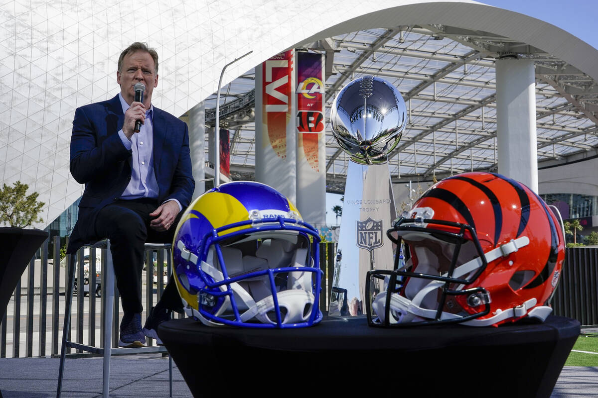 NFL Commissioner Roger Goodell speaks at a news conference Wednesday, Feb. 9, 2022, in Inglewoo ...