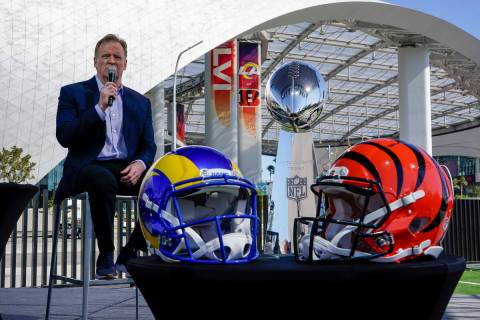 NFL Commissioner Roger Goodell speaks at a news conference Wednesday, Feb. 9, 2022, in Inglewoo ...