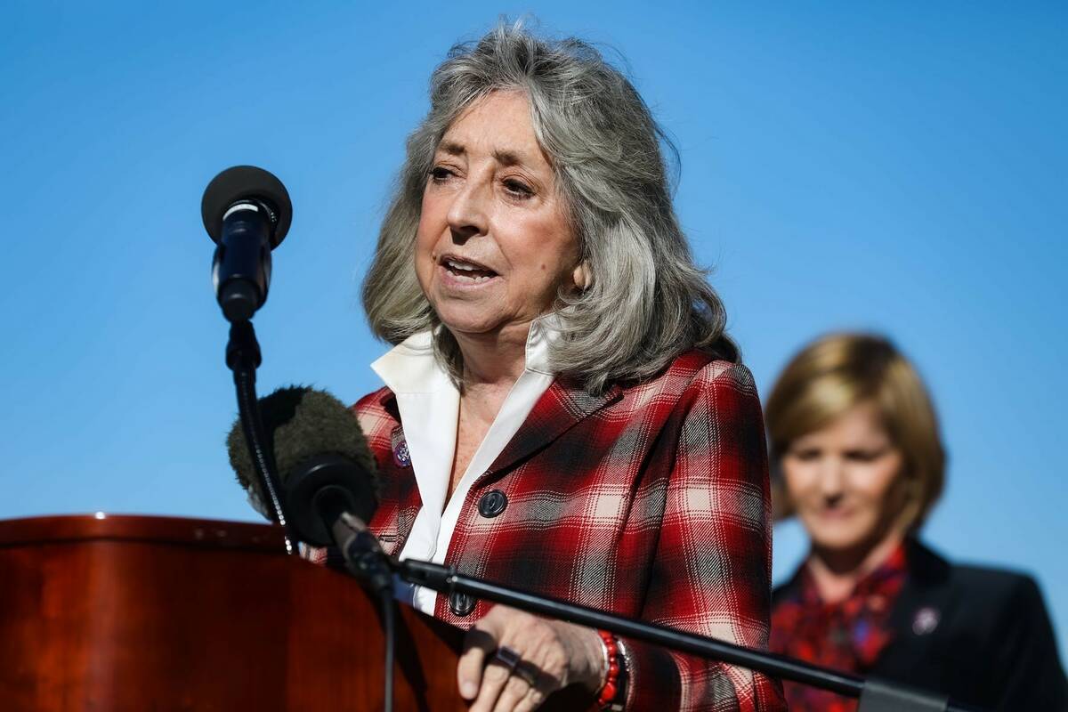 Rep. Dina Titus, D-Nev., addresses the media at Springs Preserve in Las Vegas, Sunday, Dec. 12, ...