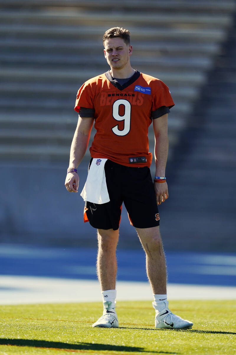 Cincinnati Bengals quarterback Joe Burrow (9) warms up during NFL football practice Wednesday, ...