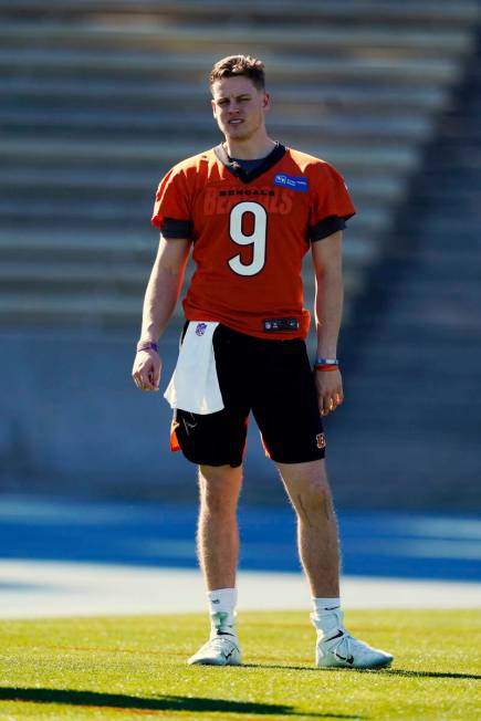 Cincinnati Bengals quarterback Joe Burrow (9) warms up during NFL football practice Wednesday, ...