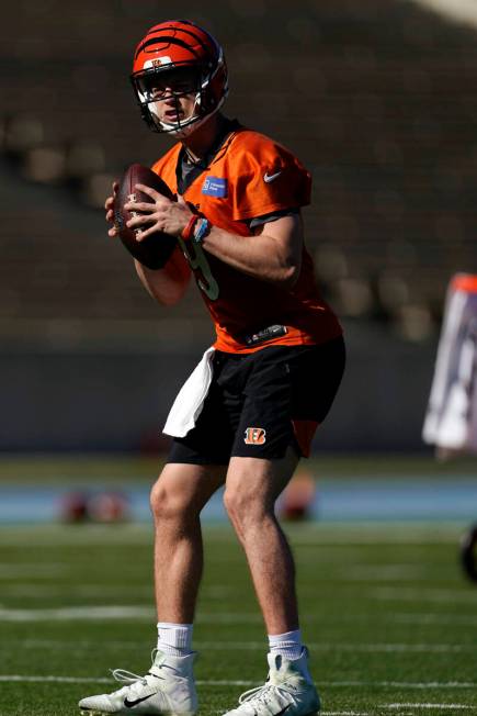 Cincinnati Bengals quarterback Joe Burrow warms up during NFL football practice Wednesday, Feb. ...