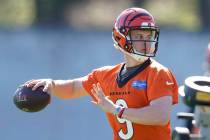 Cincinnati Bengals' Joe Burrow thorws during practice Thursday, Feb. 10, 2022, in Los Angeles. ...