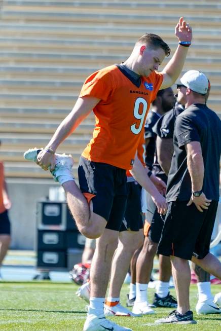 Cincinnati Bengals' Joe Burrow stretches during practice Thursday, Feb. 10, 2022, in Los Angele ...