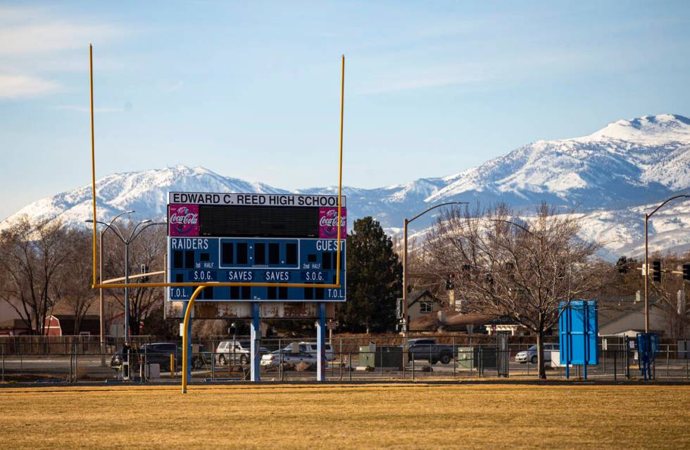 The football field at Reed High School is seen on Wednesday, Feb. 9, 2022, in Sparks. (Chase St ...