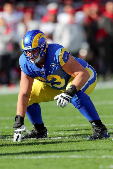 Los Angeles Rams guard Austin Corbett (63) gets into position during a NFL divisional playoff f ...