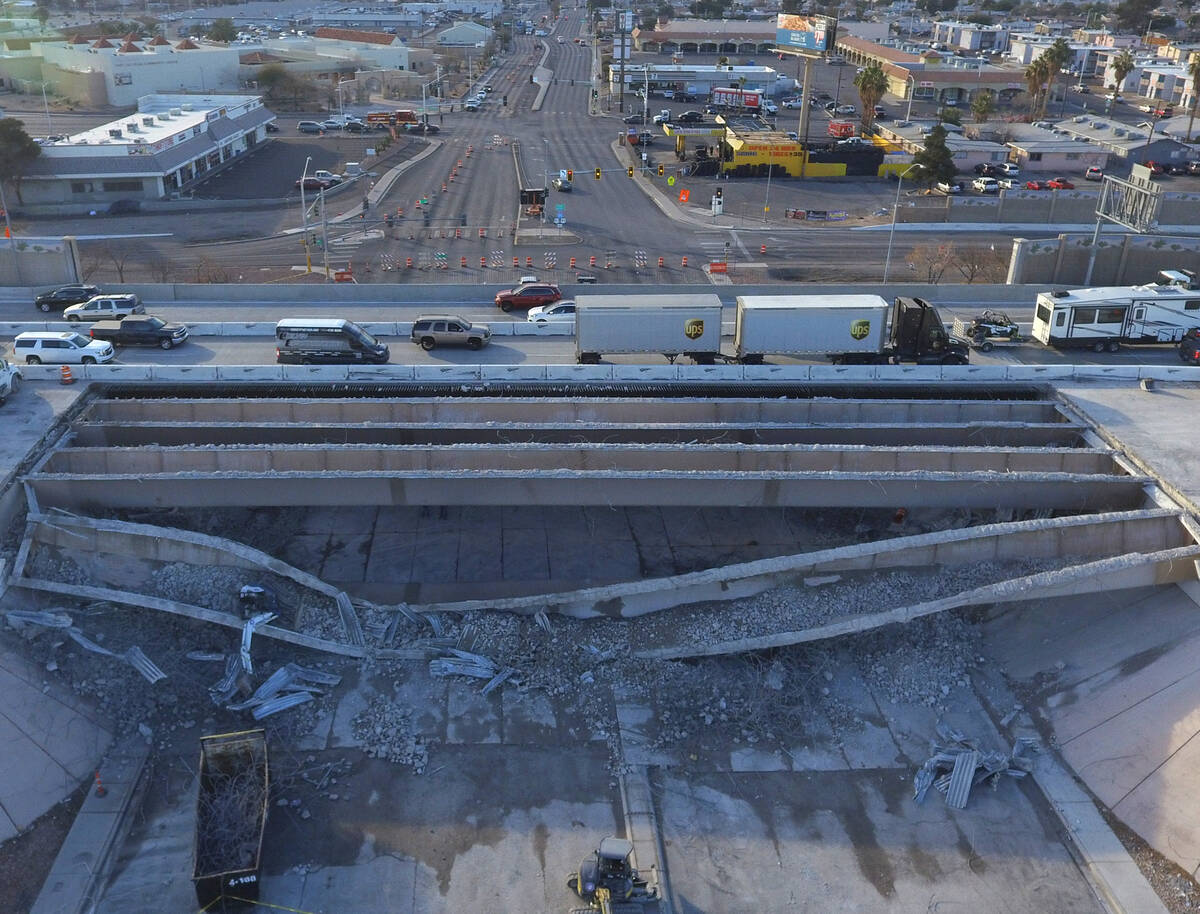 An aerial photo shows a portion of a bridge that collapsed Jan. 20 on U.S. Highway 95 over Nort ...