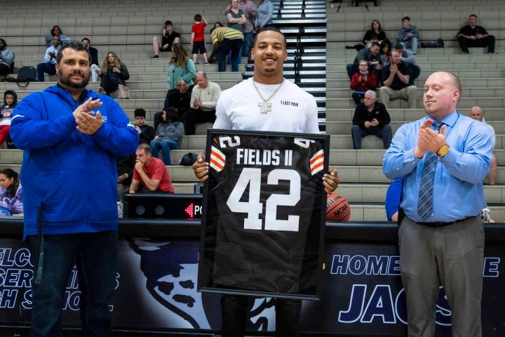 Cleveland Browns linebacker Tony Fields ll, a 2016 graduate of Desert Pines, holds his #42 Brow ...